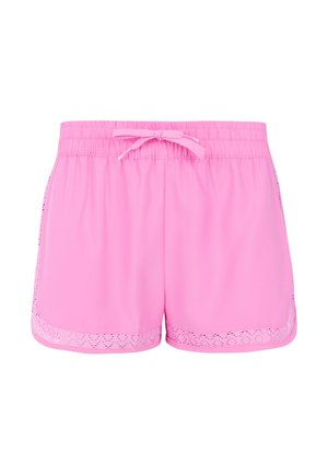 Roze sportieve shorts met een elastische tailleband, trekkoord en decoratieve kantafwerking langs de onderrand en de zijnaad. Gladde, lichtgewicht stof.
