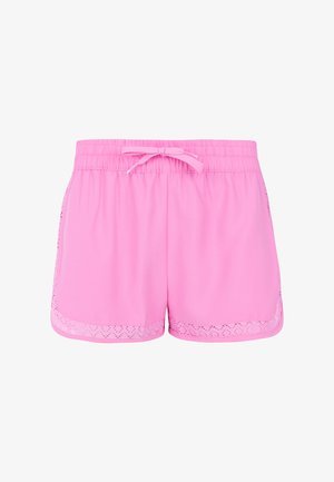 Roze sportieve shorts met een elastische tailleband, trekkoord en decoratieve kantafwerking langs de onderrand en de zijnaad. Gladde, lichtgewicht stof.