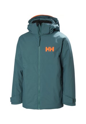 Teal waterdichte jas met een verstelbare capuchon, twee zijzakken en een rits aan de voorkant. Heeft een oranje logo op de borst en gestructureerde manchetten.