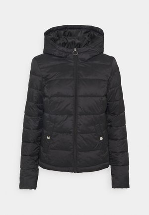 Black puffer jacket with a hood, featuring a front zipper, horizontal quilted pattern, and two side pockets with circular silver accents.