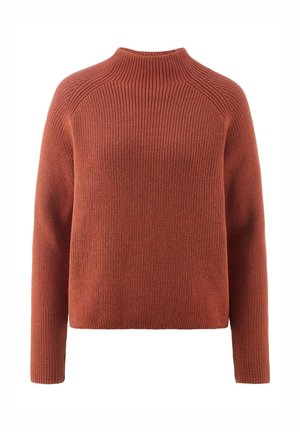 Flauschiger Strickpullover in Rostfarbe, mit hohem Kragen und langen Ärmeln mit Rippstruktur. Schlichte, figurbetonte Silhouette.