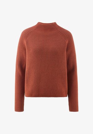 Chunky knit sweater in rust color, featuring a high neckline, and long sleeves with ribbed texture. Simple, fitted silhouette.