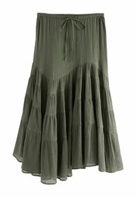 Olive green, tiered maxi skirt with textured fabric and a drawstring waist.