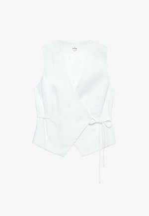 Gilet avvolgente senza maniche bianco con scollo a V e chiusura laterale con nodo, vestibilità su misura, realizzato in tessuto liscio.