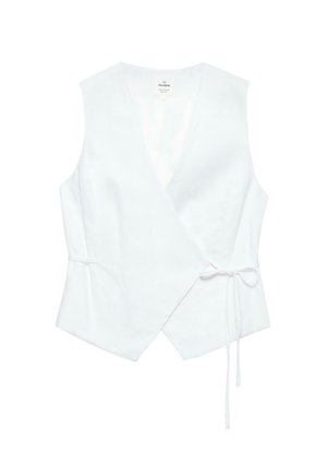 Hvid ærmeløs omslagsvest med V-hals og bindebånd i siden, skræddersyet pasform, lavet af glat stof.