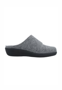 Grey felt slip-on slipper with black sole, closed toe, open heel, low wedge, and simple stitching details.