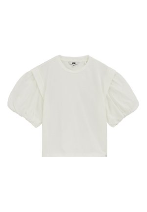 Haut blanc à manches courtes avec un col rond et des manches bouffantes volumineuses en tissu léger.