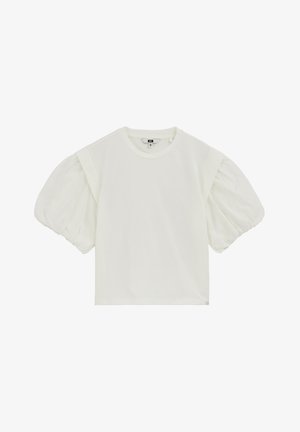 Weißes Oberteil mit kurzen Ärmeln, rundem Ausschnitt und voluminösen, gepufften Ärmeln aus leichtem Stoff.