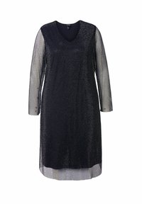 Schwarzes Netzkleid mit Dreiviertelärmel, V-Ausschnitt und lockerem Schnitt. Der Stoff weist ein Muster aus Rauten auf.