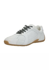 Witte suède sneaker met zwarte patroon veters, rubberen zool en zijperforaties voor ademend vermogen. Ronde neus en low-profile ontwerp.