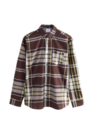 Camisa de cuadros marrón y amarilla con mangas largas, cierre frontal de botones y un solo bolsillo en el pecho. El material parece ligero y suave.