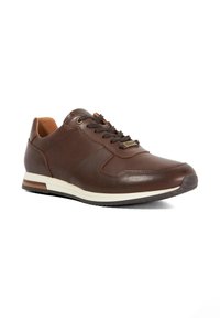 Brown leather sneaker with a smooth finish, perforated detailing, lace-up design, and white rubber sole. Features a small logo accent.