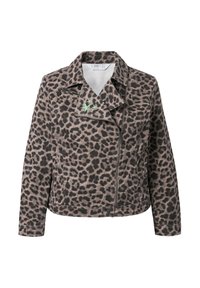 Leopardmönstrad jacka i beige och svart, med dragkedja fram, notchsnygg krage och grön stjärnbroderi på slaget.