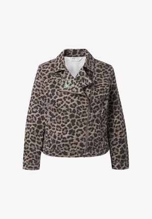 Leren jas met luipaardprint in beige en zwart, met een ritsluiting aan de voorkant, een ingesneden kraag en groene sterrenborduring op de revers.