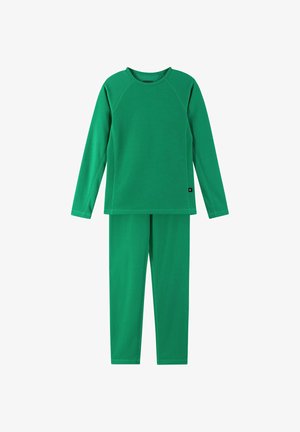 Zielona termalna bluzka z długim rękawem i pasującymi spodniami, z teksturowanym materiałem i rękawami raglanowymi. Bluzka ma okrągły dekolt i detal z logo.
