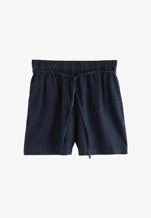 Pantaloncini in lino blu navy scuro con vita elastica e coulisse regolabile. Caratterizzati da una vestibilità comoda e una lunghezza al ginocchio.