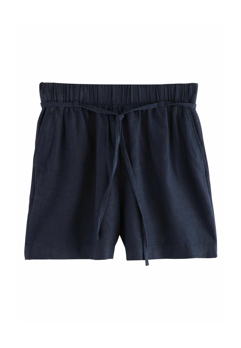 Pantalones cortos azul marino con una cintura elástica, detalle de lazada, corte relajado y una tela texturizada. Sin bolsillos visibles.