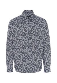 Cămașă cu nasturi de culoare gri deschis, cu modele florale și de frunze în nuanțe de albastru închis. Mâneci lungi, guler clasic și design cu croială standard.