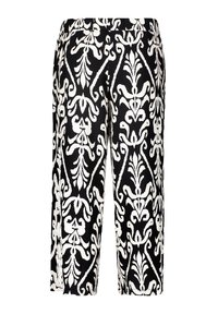 Schwarze Hose mit weißem botanischem Muster, gerade geschnitten mit elastischem Bund, aus leichtem Stoff gefertigt.