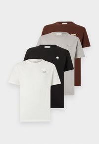 Τέσσερα στοιβαγμένα κοντομάνικα μπλουζάκια σε λευκό, μαύρο, ανοιχτό γκρι και καφέ, με μικρά γραφικά και κείμενο με θέμα την Ιαπωνία στο στήθος.