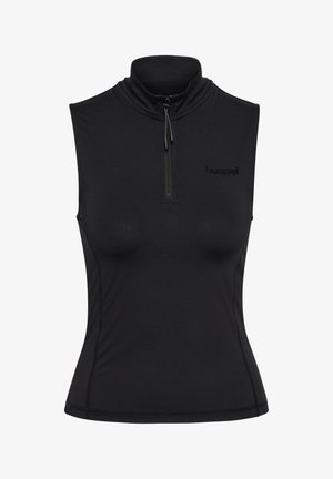 Ærmeløs sort atletisk top med høj krave og halv lynlås, tætsiddende pasform og subtilt logo på venstre bryst.