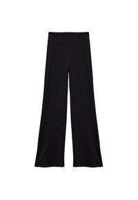 Schwarze weit geschnittene Hose mit einem hohen, elastischen Bund. Hergestellt aus einem weichen Stoff, der eine glatte Textur aufweist und keine sichtbaren Muster oder Akzente hat.