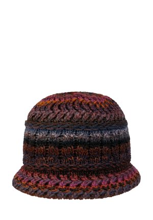 Multicolored hand-knitted wool bucket hat with shades of purple, brown, orange, and blue in a textured stitch pattern.