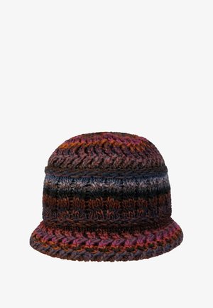 Mehrfarbiger handgestrickter Wollhut in Eimerform mit Schattierungen von Lila, Braun, Orange und Blau in einem strukturierten Strickmuster.