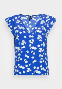 Blusa azul de mangas curtas com decote em V e um padrão floral de margaridas brancas com centros amarelos. Fabricada em tecido leve com mangas de babados.