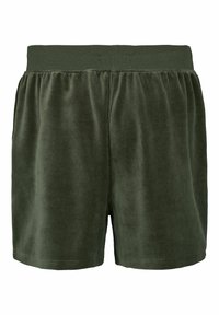 Short en velours vert foncé avec taille élastique et poches latérales, conçu pour un usage décontracté.