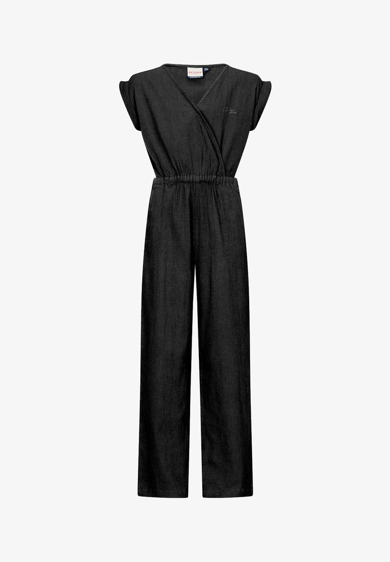 Zwarte wikkelstijl jumpsuit met korte mouwen, elastische taille, wijde pijpen en een gestructureerde afwerking. Bevat een klein geborduurd detail.