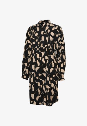 Must kleit, millel on abstraktsed beežid kujundid, nööpidega lukk, krae, pikad varrukad ja kogutud vöökoht, valmistatud kerge kangaga.