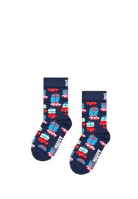 Granatowe skarpetki z wzorami kolorowych samochodów i pudełek prezentowych. Wykonane z mieszanki bawełny, z prążkowanymi mankietami i napisem "HAPPY" na podeszwie.