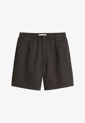 Zwarte casual herenshorts met elastische tailleband, knoopsluiting, riemlussen en zijzakken.