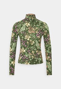 Grön långärmad polotröja i tyg med blommönster i lila, gult och ljusgrönt. Figursydd design med en slät yta.