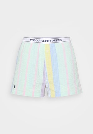 Pantalones cortos de rayas coloridas que presentan tonos pasteles de verde, rosa, azul y amarillo, con una tela texturizada y una cinturilla con logo.