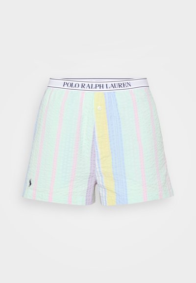 Färgglada randiga shorts i pastellfärger av grönt, rosa, blått och gult, med en texturerad tyg och en märkesmidja.