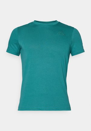 Teal short-sleeve t-shirt made from lightweight fabric. Features a round neckline and subtle Kappa logo embroidered on the chest.