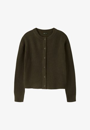 Tume roheline kootud kardigan ümarate kaelustega, tekstuurse kangaga ja ees nööpidega sulgemisega. Pikkade varrukatega ja lühikese pikkusega.