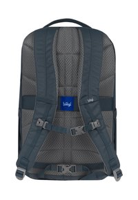 Zaino blu e grigio con schienale in rete imbottita, spallacci regolabili e logo centrale. Caratterizzato da sezioni imbottite e fibbie resistenti.