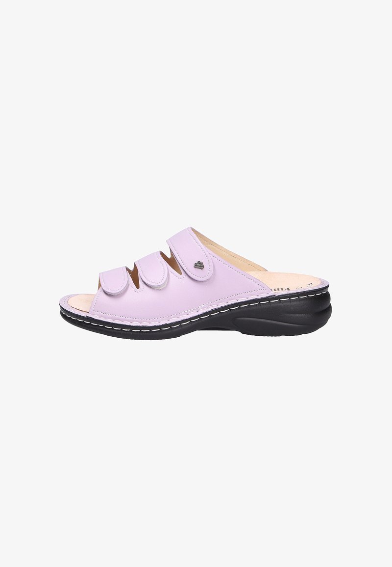 Lilac open-toe slide sandal with three adjustable straps, cushioned beige insole, and black sole designed for comfort.