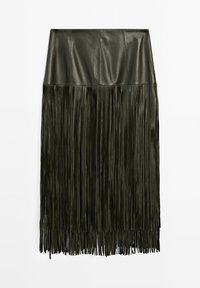 Skórzana spódnica w kolorze oliwkowym z dopasowanym krojem i długimi frędzlami wzdłuż dołu, co tworzy fakturowany i warstwowy wygląd.
