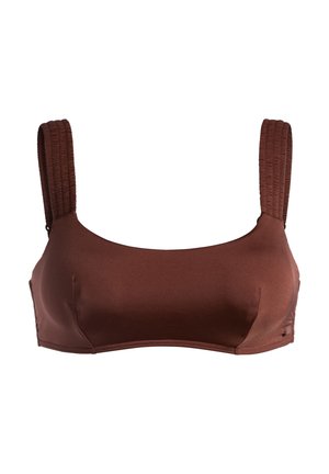 Bra aus braunem, dehnbarem Stoff mit breiten, strukturierten Trägern und einer glatten Oberfläche. Ohne Bügel, mit nahtlosem Design.
