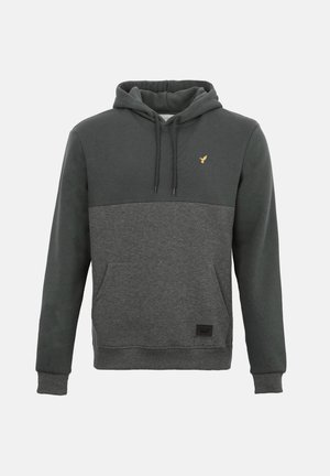 Dunkelgrauer Pullover mit Kapuze und zweifarbig strukturierter Oberfläche, vorne Kängurutasche, Kordelzug an der Kapuze und kleines gelbes Vogel-Logo auf der linken Brust.
