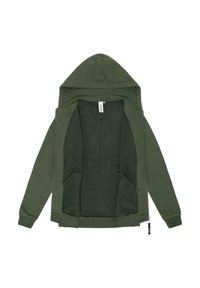 Felpa verde con zip e un morbido interno texturizzato. Presenta un ampio cappuccio e due tasche frontali. I polsini e l'orlo sono a costine.