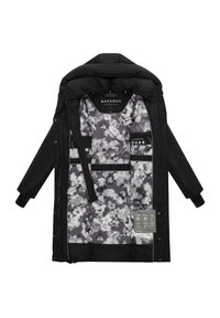 Schwarze Außenjacke mit einem floral gemusterten grauen Futter. Verfügt über Druckknöpfe, Taschen und Etiketten mit Angaben zu Material und Pflegehinweisen.