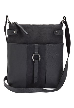 Sac bandoulière noir avec panneaux avant en suède et cuir, détail anneau argenté, fermeture éclair et sangle d'épaule réglable.