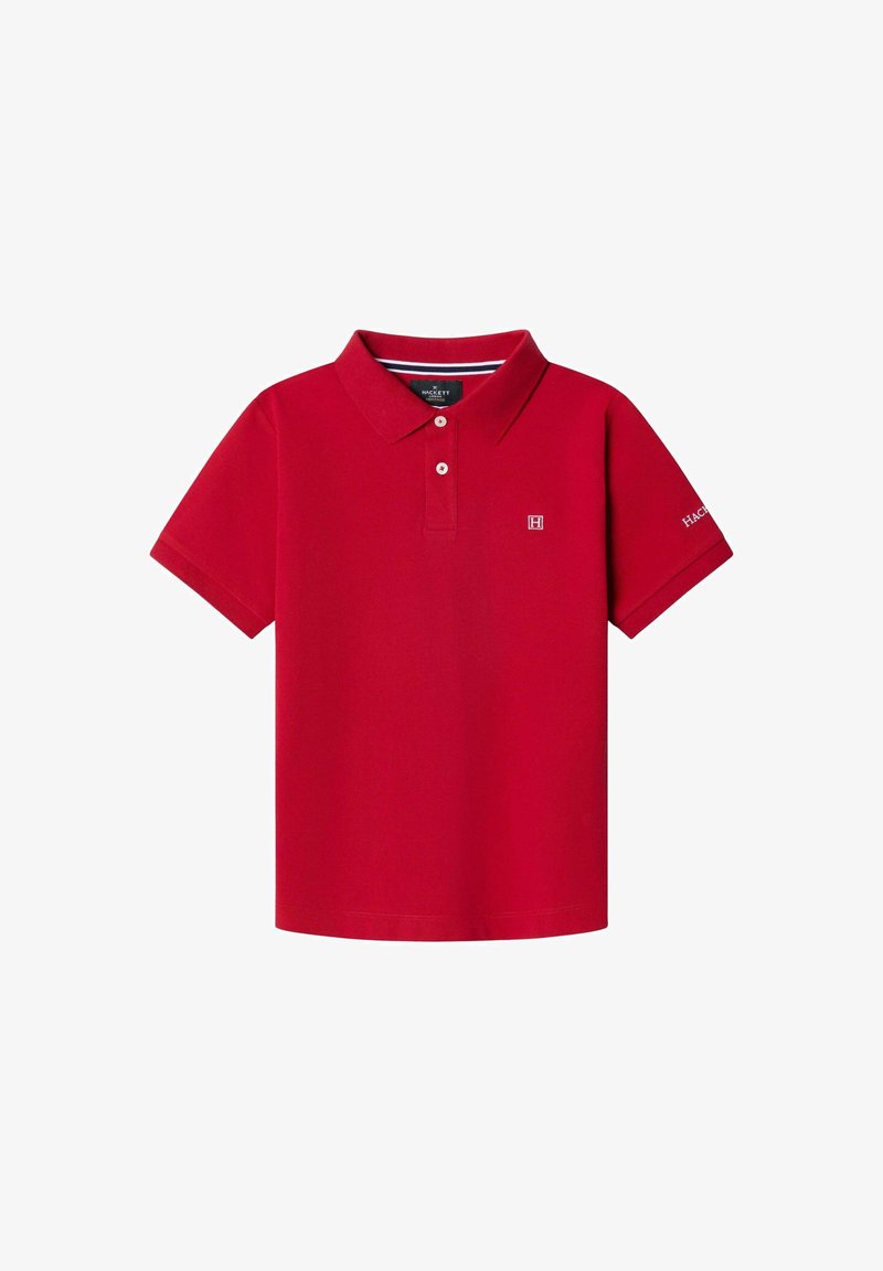 Polo rouge à manches courtes avec deux boutons, un petit logo "H" blanc sur la poitrine et le texte "Hackett" sur la manche gauche.