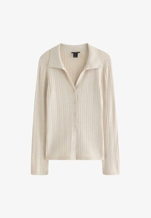 Cardigan a coste di colore beige chiaro con scollo con colletto, bottoni frontali e maniche lunghe con superficie strutturata.