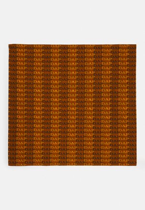 Brown textile featuring a repeating pattern of the word "DAP" in orange and black, with a smooth texture and rectangular shape.